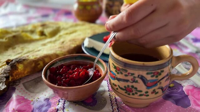 Barberries jam delicious berry jam sweet tart taste breakfast syrup red bright tasty food with avocado peanut butter taste the persian cuisine in middle east mountain rural countryside khorasan iran