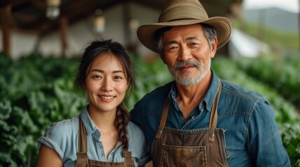 Fototapeta premium Portrait of happy Asian farmer and his daughter in the garden. - Generative AI