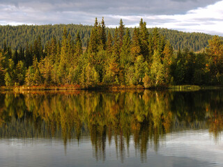 autumn in the middle of a Sweden forest and lake 