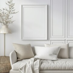white wooden picture frame mockup in a modern living room