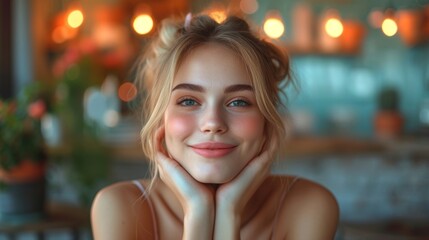 Portrait of a beautiful young woman in a cafe. Girl with blond hair. - Generative AI