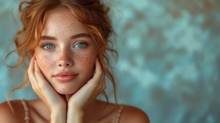 Portrait of beautiful redhead girl with freckles on her face - Generative AI