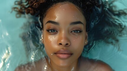 beautiful african american woman in water, looking at camera - Generative AI