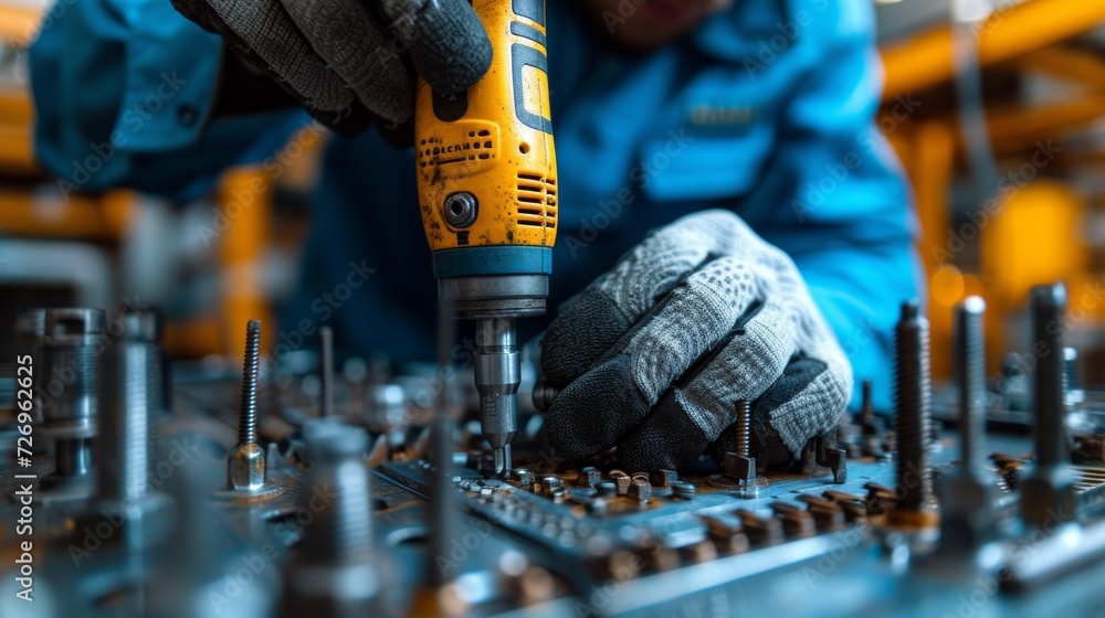 Poster technician working with a drill in a factory. selective focus. - generative ai