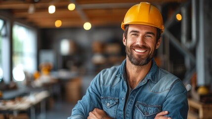 Portrait of a handsome young man in a hardhat standing with his arms crossed in a cafe. - Generative AI