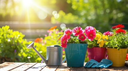 colorful flower pots with watering can and gloves on wooden table on sunny garden background. banner with copy - obrazy, fototapety, plakaty