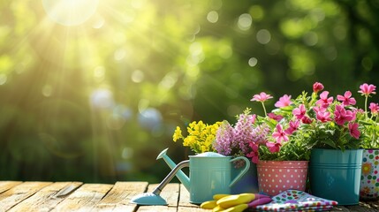 colorful flower pots with watering can and gloves on wooden table on sunny garden background. banner with copy