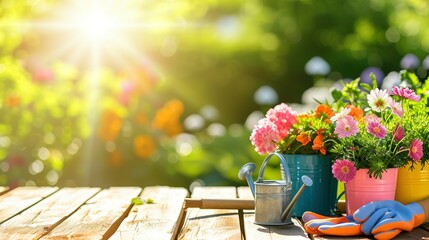 Naklejka na ściany i meble colorful flower pots with watering can and gloves on wooden table on sunny garden background. banner with copy