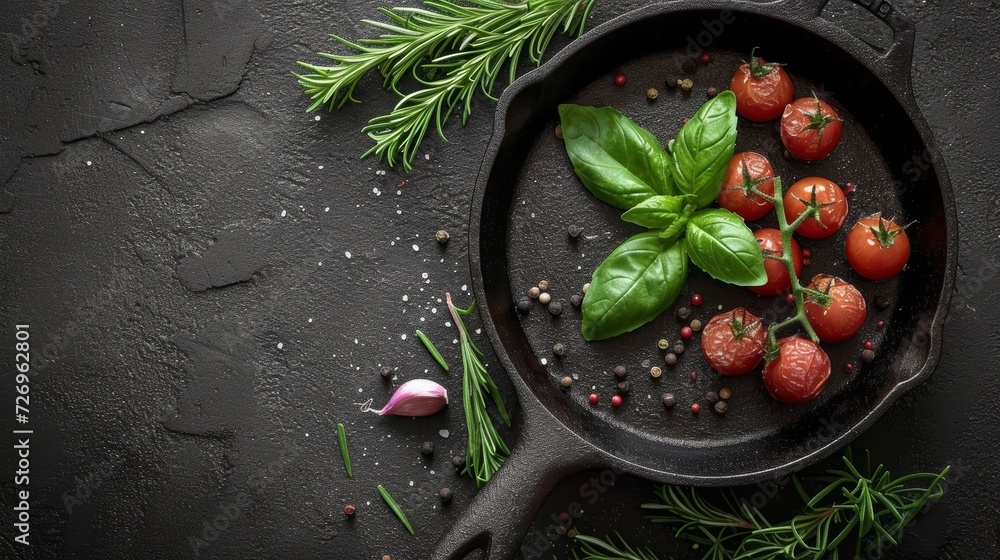 Poster frying pan with fresh basil, tomatoes and garlic on black background - generative ai