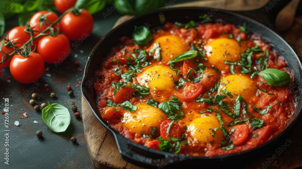 Poster shakshuka - fried eggs in tomato sauce in a frying pan - generative ai
