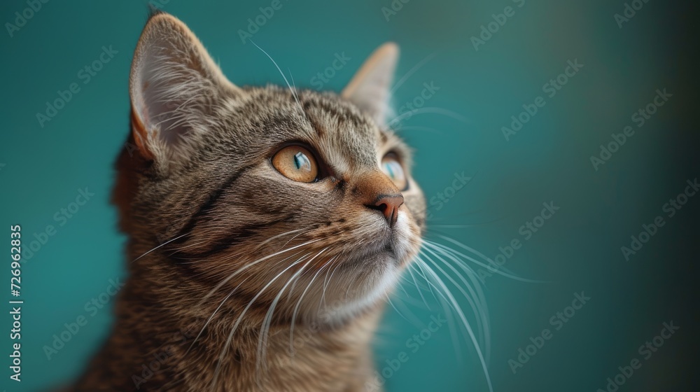 Poster portrait of a tabby cat on a turquoise background - generative ai