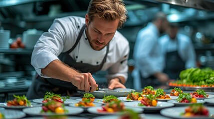 Chef preparing food in a restaurant kitchen, Chef decorating dishes - Generative AI