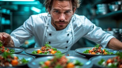 Portrait of a male chef in a restaurant kitchen garnishing dishes. - Generative AI
