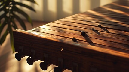 Sunlit Wooden Xylophone with Black Pegs and Tuning Keys Near a Window with Plant Shadows