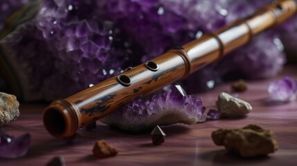 Naklejka premium Antique Wooden Flute on Vibrant Amethyst Crystals: A Harmonious Blend of Music and Nature