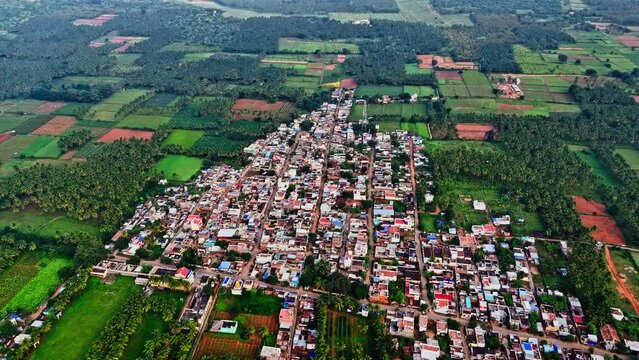 Aerial view of a crowded isolated city surrounded with coconut trees and green fields in Theni, Tamil Nadu.
