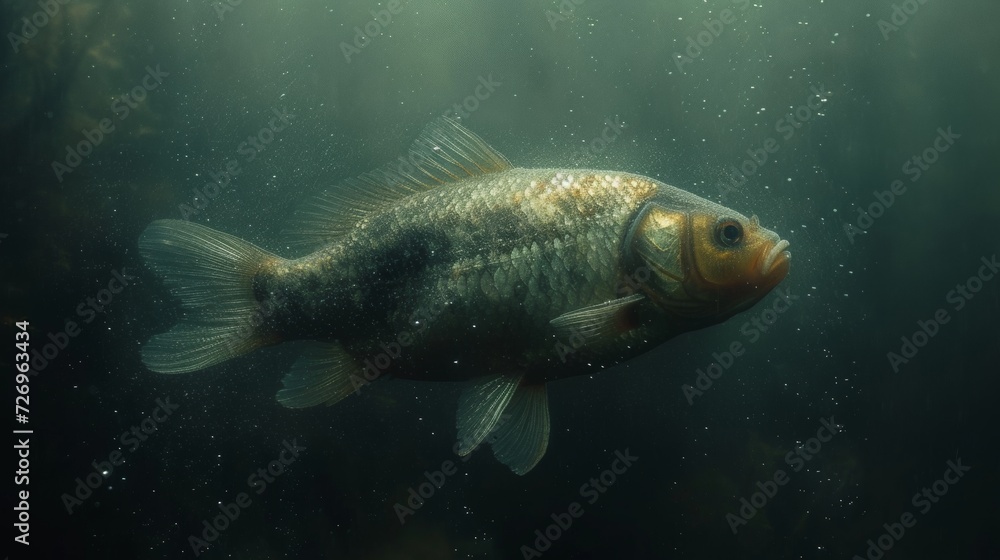 Poster carp fish swimming in the water. underwater world. 3d rendering - generative ai
