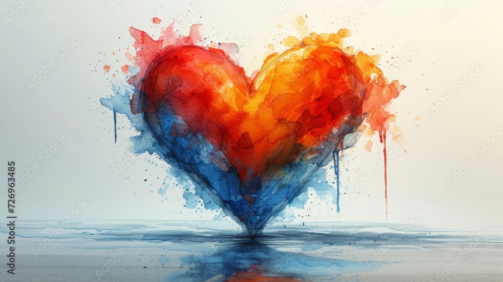 Poster heart made of watercolor splashes on white background. 3d rendering - generative ai
