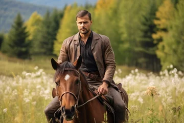 Foto op Canvas Handsome young man in brown jacket riding a horse in the field © Nerea