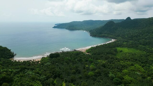 Panoramic drone shot overlooking the Praia Grande, South beach in Sao Tome