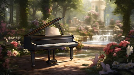 A composition featuring a grand piano in a lush garden, blending the beauty of nature with the...