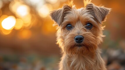 Portrait of a cute little Yorkshire Terrier dog in the autumn park. - Generative AI