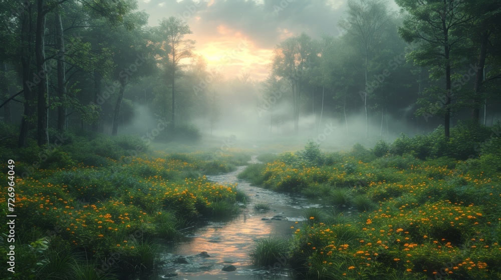 Poster sunrise over the river in the misty forest. 3d rendering - generative ai