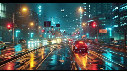 Rainy Night in Urban Cityscape with Illuminated Skyscrapers, Glowing Traffic Lights, and Cars on Wet Streets
