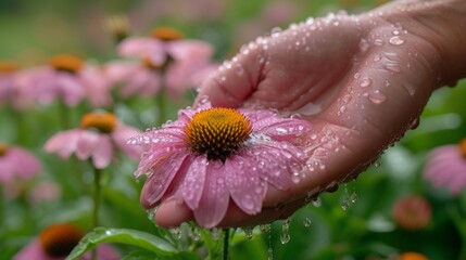 Hand holding pink coneflower flower with water drops in the garden - Generative AI