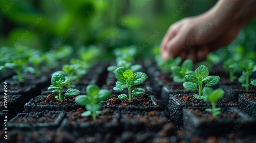 Poster plant seedlings in peat pots on a green blurred background - generative ai