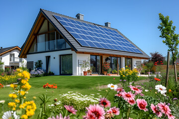 Modern eco friendly house with solar panels on the roof	
