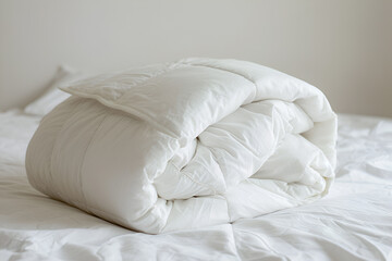 White folded duvet lying on white bed background	

