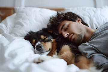Young man sleeping with his dog in white bed