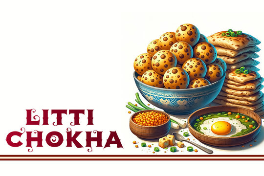 Famous Indian Food Litti Chokha Vector Illustration, Bihar's Culinary Pride: Litti Chokha Indian State Food Vector Design, Indian Food Litti Chokha Clip Art Illustration, Litti Chokha Banner Poster 