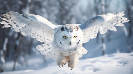 Fototapeta premium Close-up view of flying white Snow Owl in snow in wild in Winter.Close-up view of flying white Snow Owl in snow in wild in Winter.