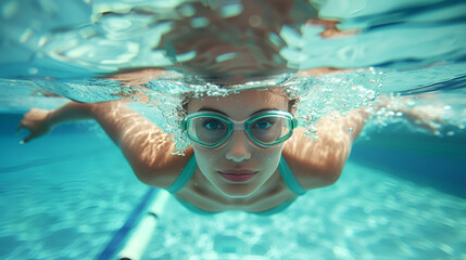 Female swimmer at the swimming pool Underwater photo, generative ai
