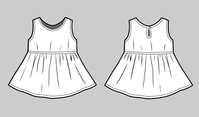 Young girl dress CAD, fashion flat template. Fashion technical illustration for garment production unit.
