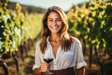 Portrait of a beautiful young woman tasting red wine in vineyard