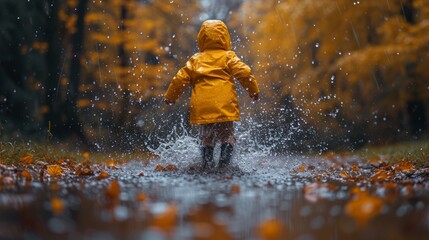 Fototapeta premium Little girl in a yellow raincoat walks through the autumn forest. - Generative AI