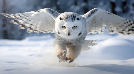 Fototapeta premium Close-up view of flying white Snow Owl in snow in wild in Winter.