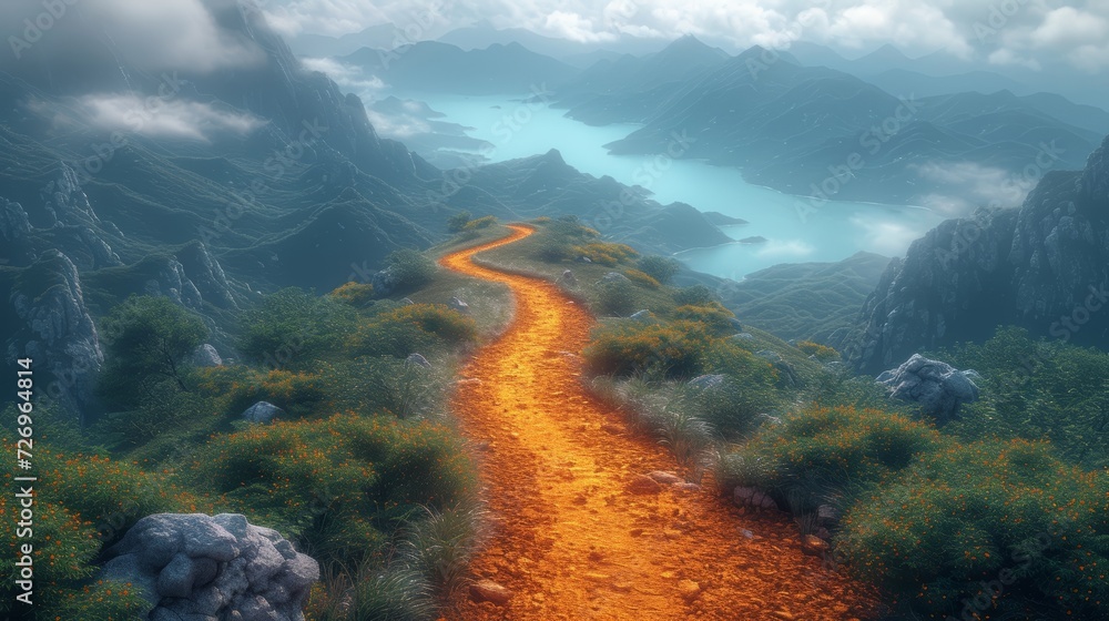 Aufkleber 3d rendering of a path in the mountains leading to the lake - generative ai