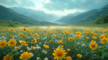 Obraz premium Meadow with yellow flowers and mountains in the background. Spring landscape - Generative AI