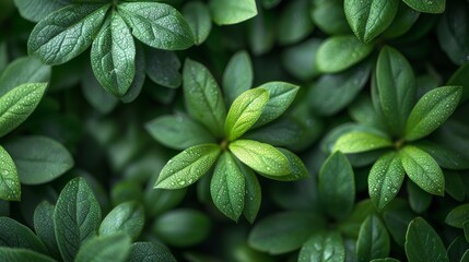 Green leaves with water droplets. Top view. Nature background. - Generative AI - obrazy, fototapety, plakaty