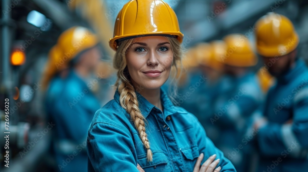 Poster portrait of a female engineer in a hardhat standing in a factory - generative ai