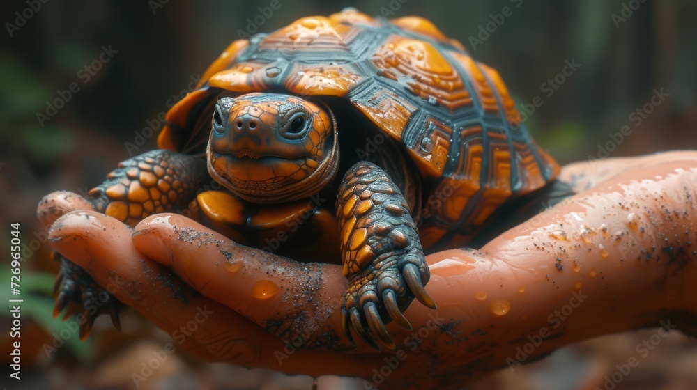 Poster turtle in the hands of a man. 3d rendering. - generative ai