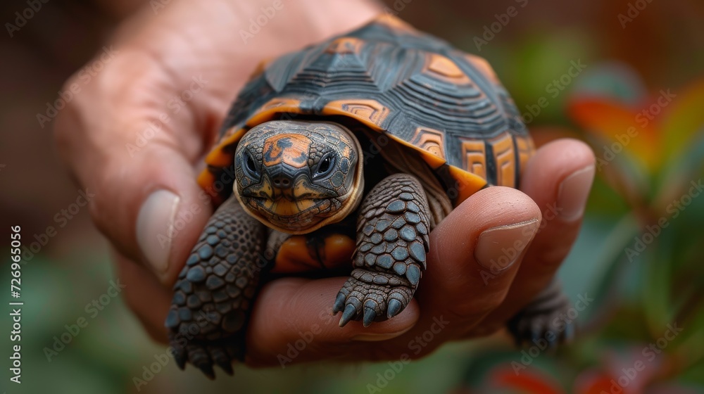 Poster close up of a tortoise in the hands of a woman. - generative ai