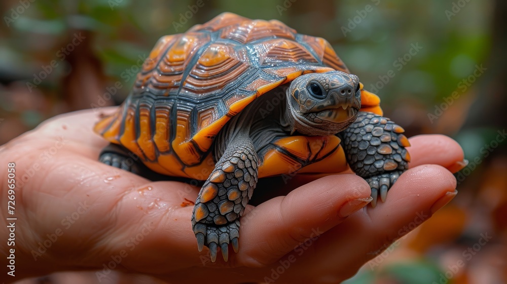 Poster tortoise in the hands of a child, close-up - generative ai