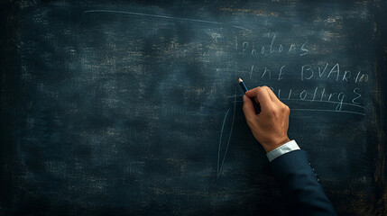 male teen hand to draw something on blackboard with chalk, generative ai - obrazy, fototapety, plakaty