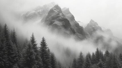 Black and white mountain landscape with coniferous forest in fog. - Generative AI