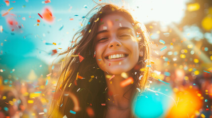 A girl with a bright and happy smile is in the middle of a summer festival, colorful confetti falling all around her, Ai generated Images - obrazy, fototapety, plakaty